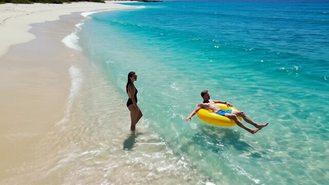 Couple enjoying beach with float