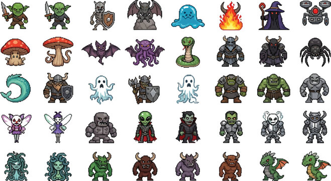 Collection of forty distinct pixel art fantasy role playing game sprites featuring monsters goblins skeletons fairies orcs wizards and various mythical creatures