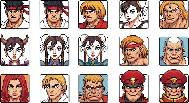 Collection of distinct pixel art character portraits featuring iconic fighting game protagonists and antagonists displayed in a grid format