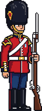 Pixel art illustration depicts a stoic british queen's guard soldier wearing a distinctive bearskin hat and holding a rifle standing guard.