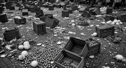 Chaotic Disarray Overturned Crates and Spilled Produce Create a Scene of Widespread Disorder on Urban Ground