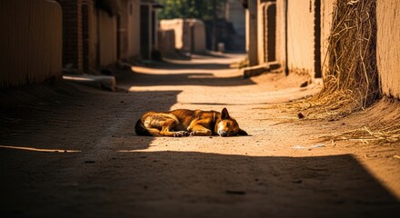 A lone dog naps peacefully on a sunlit, dusty street in a timeless old village alleyway, evoking serenity