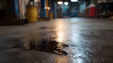 A dark viscous oil spill on a concrete workshop floor reflecting overhead lights