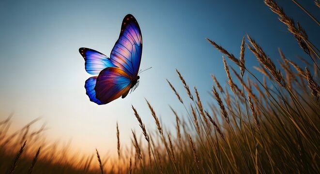 Butterfly in flight over sunset grassland