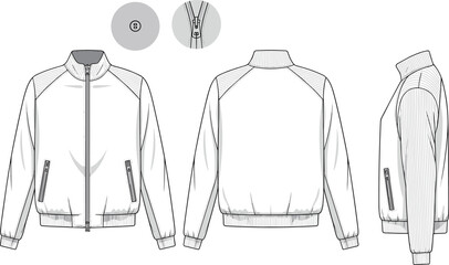 White bomber jacket with gray accents and stripes striped sleeves zippered pockets mock neck © Its Morsed here