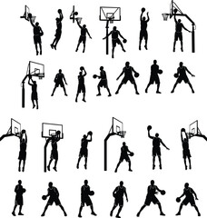 Basketball Player Silhouette Collection Featuring Athletes Dribbling Shooting and Slam Dunking on Hoops Isolated on White Background for Sports Vector Design © Tanzila
