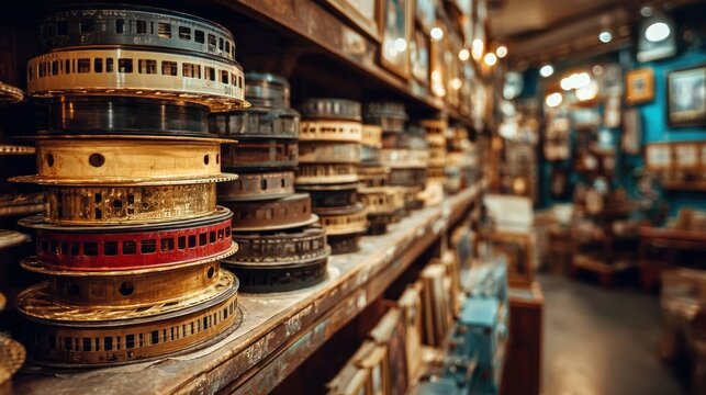 Vintage Film Reels Stacked on Dusty Wooden Shelves in an Old Shop.