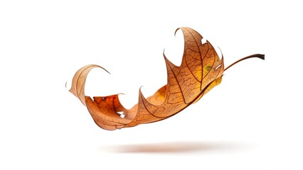 Single dry autumn leaf falling gracefully against a clean white background.
