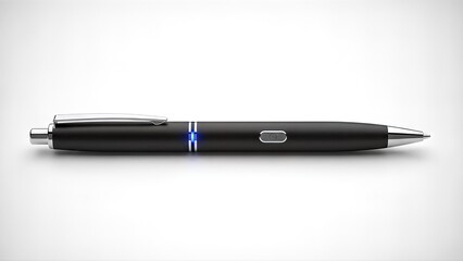 Sleek Black Pen with Blue Light Indicator on White Background.