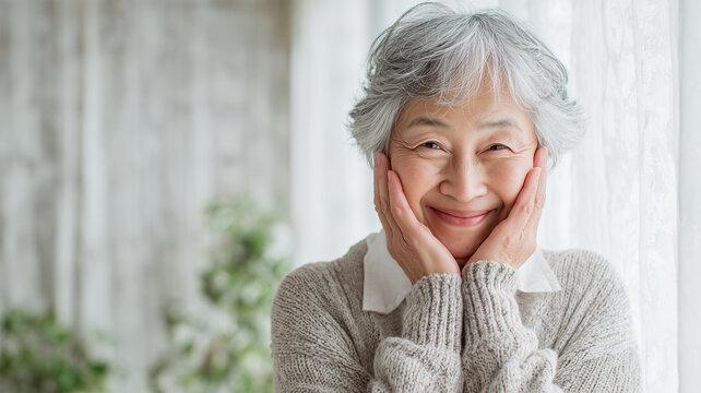 高齢の男性が窓辺で頬に手を当てて笑顔のポーズ