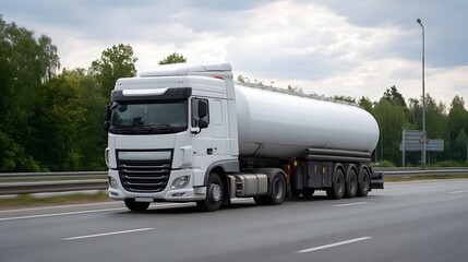 Naklejka premium A white tanker truck transports goods on a highway under a cloudy sky
