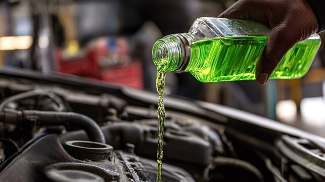 Mechanic performing routine car maintenance, refilling green coolant fluid into the vehicle's engine reservoir for optimal cooling system performance and protection