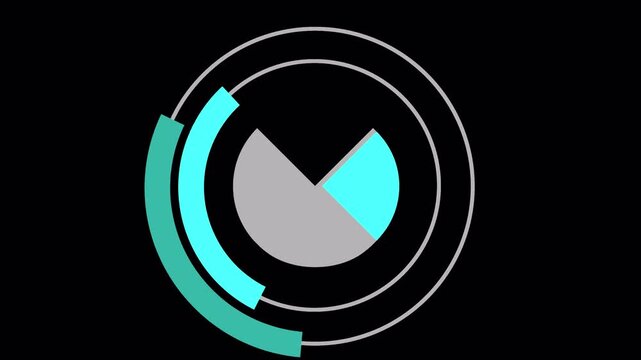 Abstract graphic with concentric circles and segmented pie chart in teal, blue, and grey on a black background, representing data or progress.