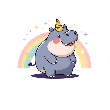  A cute hippopotamus wearing a unicorn horn and surrounded by stars and rainbows, funny mashup character, kawaii style, bright vibrant colors, vector on white background, modern humorous kids design, 