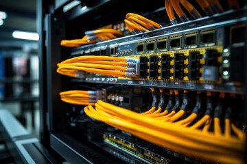 Yellow ethernet cables linking network switches and servers in a rack, showing data connections