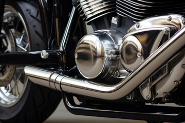 Fototapeta premium Motorcycle engine featuring polished chrome parts, exhaust, and a black frame with a rear wheel