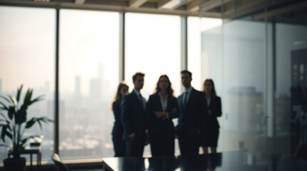 Blurred silhouette of a business team having a meeting in a modern office with a city skyline