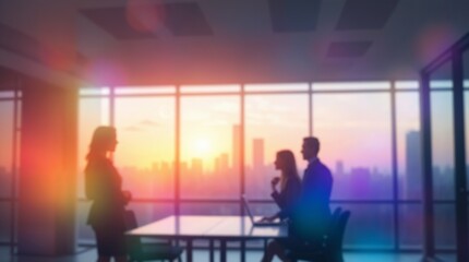Blurred silhouette of a business team having a meeting in a modern office with a city skyline