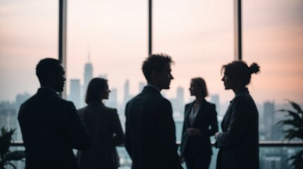 Blurred silhouette of a business team having a meeting in a modern office with a city skyline