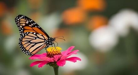 Obraz premium Monarch butterfly on pink flower in garden