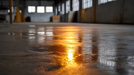 Golden Sunlight Reflections on a Wet Concrete Floor in an Industrial Warehouse
