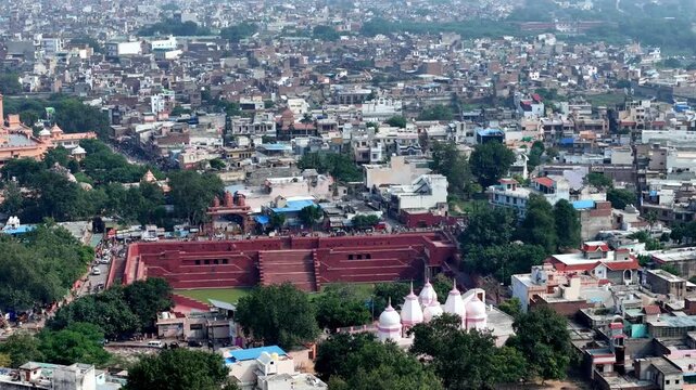 Sacred aerial of Janm Bhumi precinct and Potra Kund, where vibrant heritage architecture meets Mathura&rsquo;s tightly woven skyline. Janmasthan temple complex beside Shahi Eidgah Mosque
