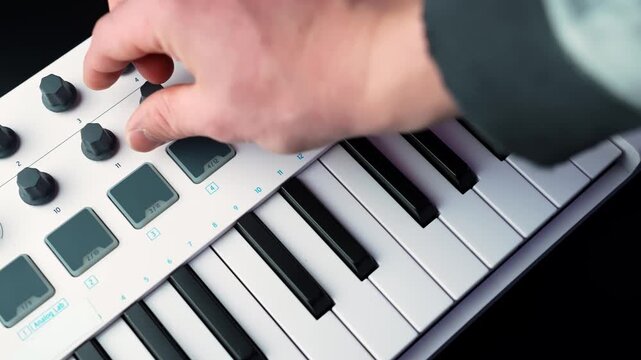 Close-up of a hand turning a knob on a compact MIDI keyboard controller, adjusting sound settings during home studio music production and recording.