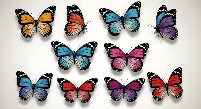 Vibrant butterfly collection on white background