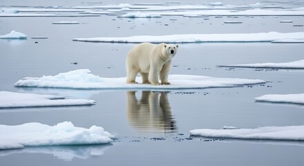 Naklejka premium Polar bear standing on ice floes in calm arctic waters looking right