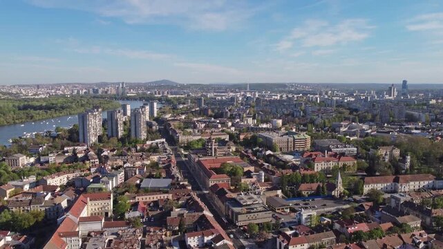 Drone view of Zemun municipality and Belgrade cityscape, capital of Serbia.