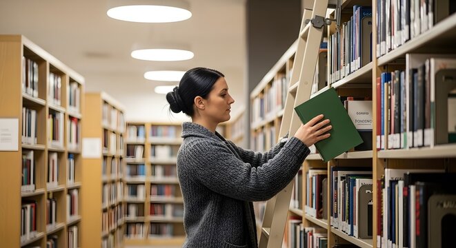 Woman Selecting a Book from Library Bookshelves
