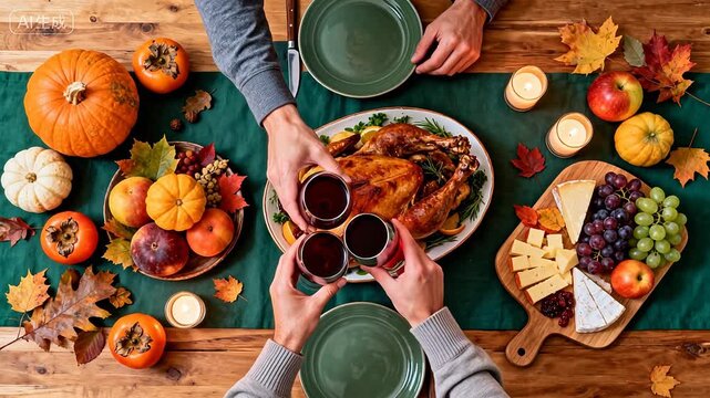 Thanksgiving dinner table with turkey and harvest fruits