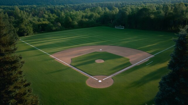 A baseball diamond viewed from above, perfectly lined and maintained, setting the stage for a thrilling game, with bases marked clearly and the distinct chalky white lines defining the field's