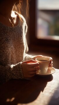 Woman's Hands Holding Coffee Cup in Sunlight