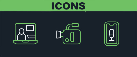 Set line Mobile recording, World news and Cinema camera icon. Vector