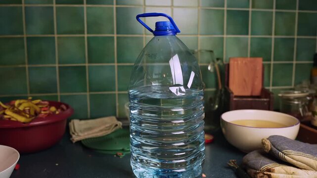 Large plastic water jug with handle standing on a kitchen counter against green tiled backsplash, with bowls and cloths around. Home cooking, hydration, and household routine scene.