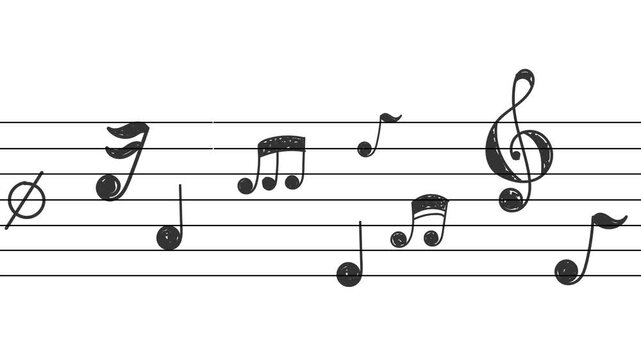 Animation of musical notes moving on a white background in a hand-drawn style. 4K video