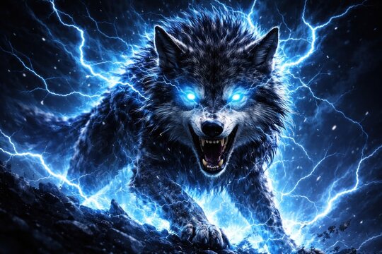 Electrifying wolf with glowing eyes.