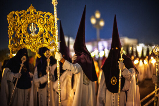 Seville Holy Week: Nazarenos de la Estrella with Banner on Palm Sunday Night