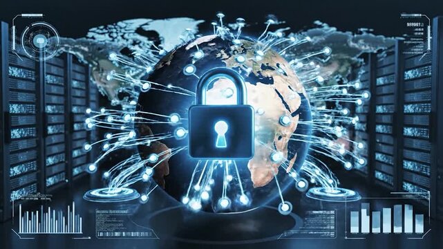 A digital padlock secures global data flow across a world map with server racks.