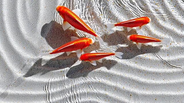 Five orange and white koi fish in water