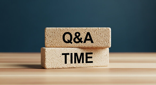 Q and A, questions and answers time symbol. Concept words 'Q and A time' on brick blocks on a wooden table, beautiful blue background. Business and Q and A time concept.