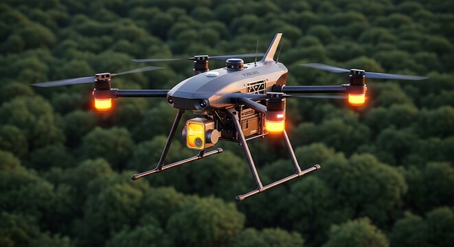 Advanced drone with camera and lights flying over green forest canopy