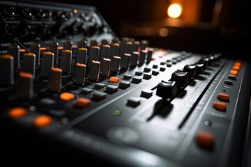 Fototapeta premium Audio mixer console with faders, knobs, and buttons illuminated in a recording studio