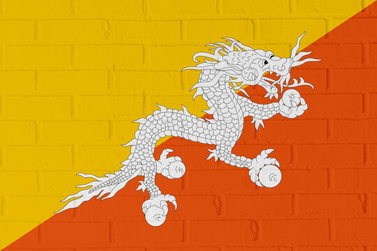 Bhutan Flag Painted on Brick Wall Texture Background