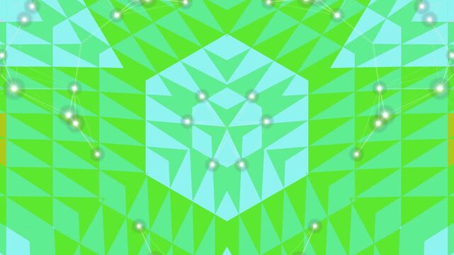 Geometric pattern with hexagon at center surrounded by green triangles and white dots in abstract illustration viewed from directly above