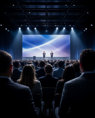 Wide shot of a professional business seminar with speakers on stage, highlighting corporate strategy exchange, executive communication, and structured conference atmosphere.