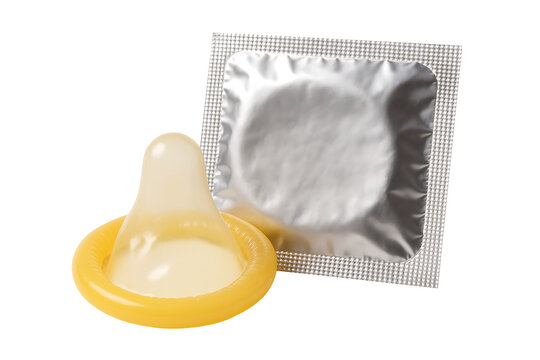 Latex condom with foil package isolated on transparent background