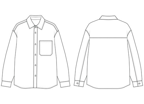 Men Denim Overshirt Technical Flat Vector Front and Back View