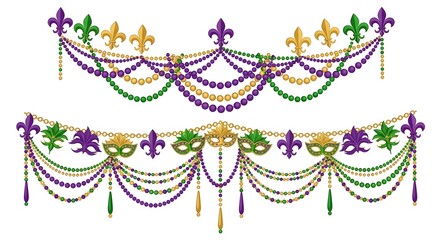 Mardi gras beads and fleur de lis garland decorations isolated on white background for festive parties and celebrations